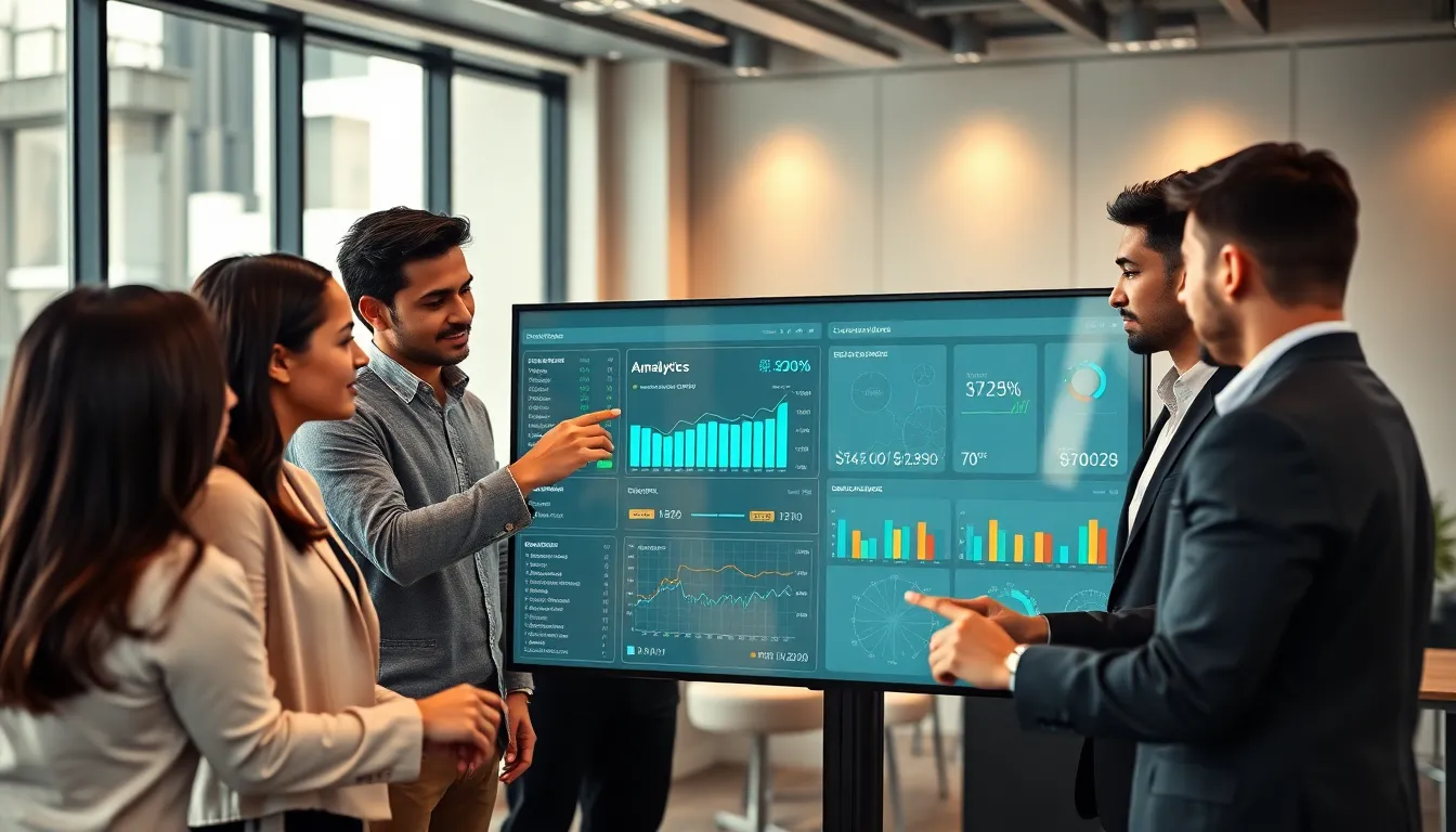 diverse team analyzing SEO metrics at a modern office.