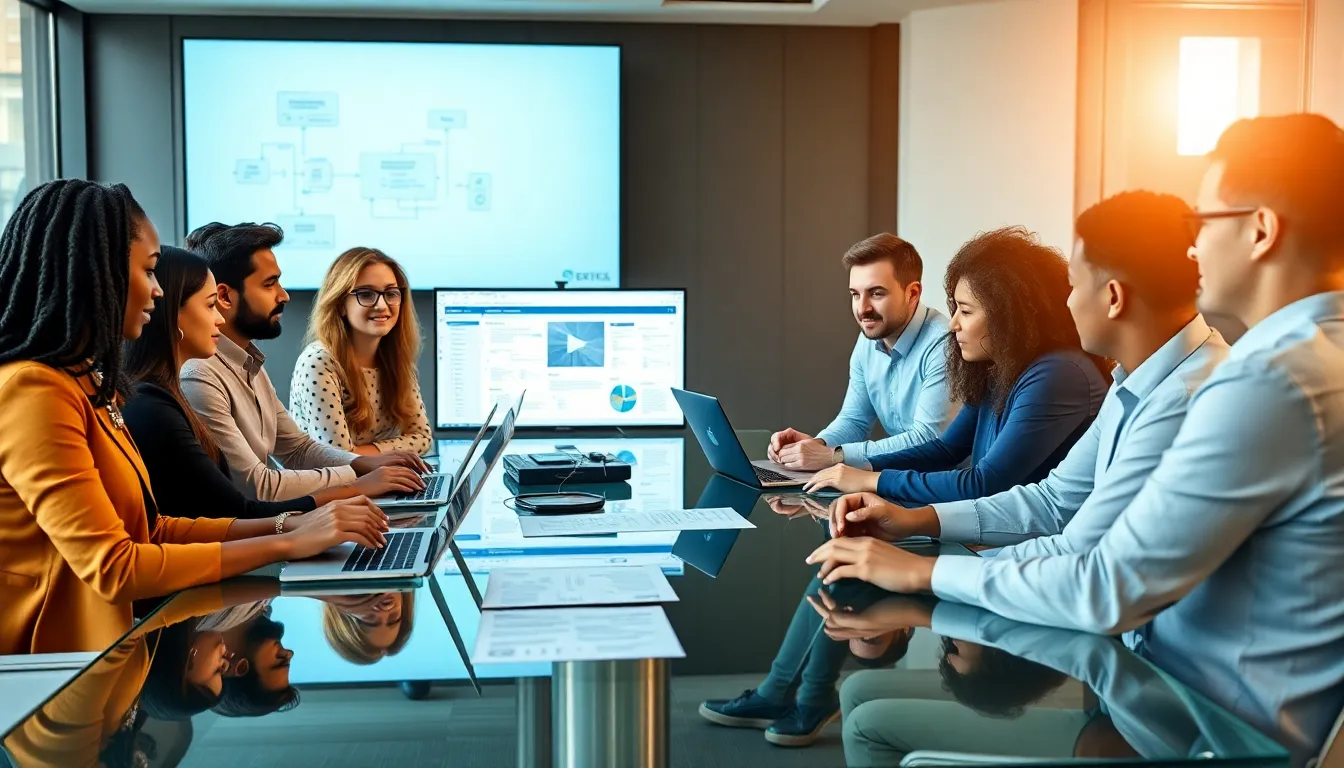 diverse team discussing custom software solutions in a modern office.